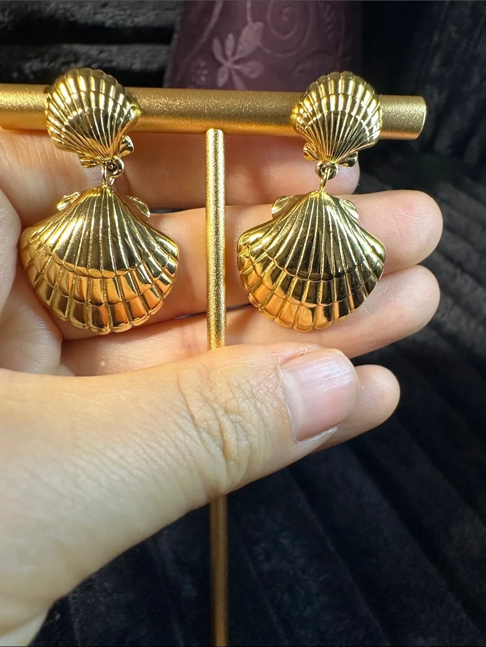Kenneth Jay Lane Gold Shell Double-Drop Earrings - Picture 8 of 8